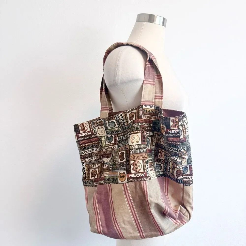 Vintage 1990s Handmade Cat Tapestry Stripe Bag Purse Tote Fabric Shoulder